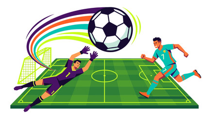 Obraz premium soccer striker as manager shooting ball toward executive goalkeeper on field, ideal for business competition concepts, corporate teamwork metaphors and sports marketing advertisements