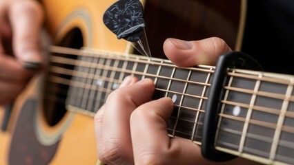 Fototapeta premium Close-up of hands playing an acoustic guitar with a capo and pick.