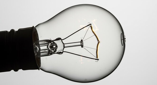 白い背景に浮かぶ透明なガラス製白熱電球のクローズアップ撮影 フィラメントが静かに微かに暖かく輝きシンプルな形が持つ普遍的な美しさと新しい発想のシンボルを表現. AI Generated