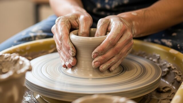 A potter's hands covered in clay, forming a pot on a spinning wheel.