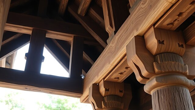 mortise. Ancient temple wooden framework detail showing mortise joints and weathered wood in natural light. real-estate listings.