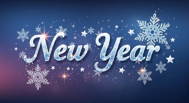 煌めく「New Year」の文字が夜空に幻想的な輝きを放ち美しく舞い降りる雪の結晶と星々が周囲を彩り特別な祝祭の雰囲気を高める温かい希望に満ちた新年の到来を告げる心温まる光の演出. AI Generated