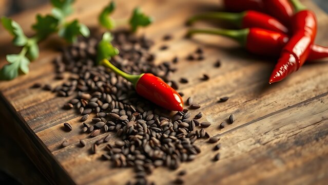 pasilla. Red chili peppers and cumin seeds scattered on a wooden cutting board. menu design, packaging mockups, designed for food delivery and cloud-kitchen brand materials, used by account managers.