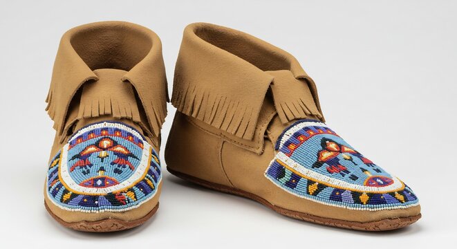 豊かな色彩のビーズ刺繍が目を引く手作りの革製モカシン 柔らかなフリンジが施され穏やかな光の中で精巧な伝統模様が鮮やかに浮かび上がる. AI Generated
