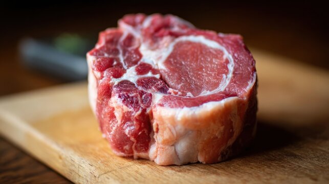Close-up macro detail of a raw lamb chop cut showing its internal texture and marbling on a wooden surface