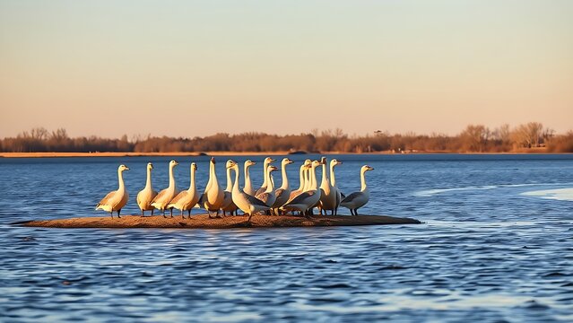 plausible. A flock of geese resting on a sandbar in a lake during golden hour. wildlife magazines, conservation campaigns, designed for eco-tourism storytelling, promotes animal welfare.
