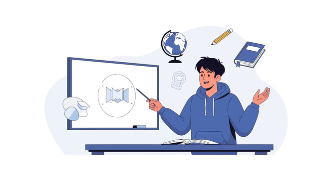 Young student presenting a map on a whiteboard, surrounded by educational items