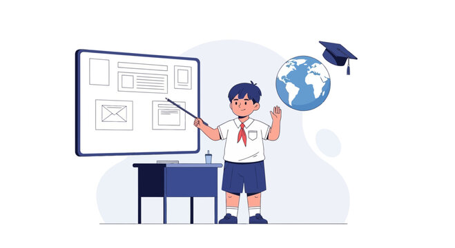 Young student presenting at a whiteboard with globe and graduation cap, educational concept