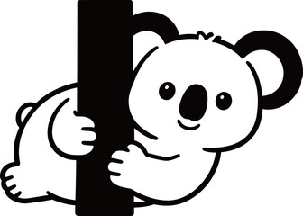 A cartoon koala clinging to a tree trunk in a simple black and white illustration © Mariah