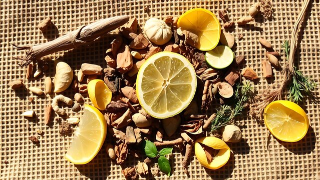 correlating. Assorted botanicals scattered on rough burlap fabric in sunlight. gardening catalogs, home-decor guides, designed for home decor and floral branding, promotes healthy living.