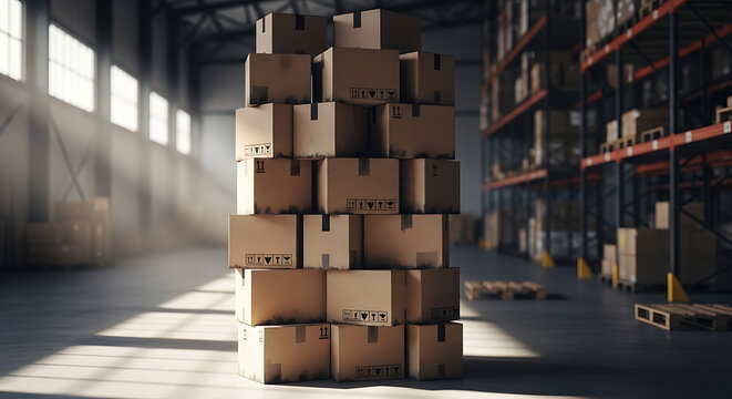 A stack of cardboard boxes in a warehouse setting with realistic lighting.