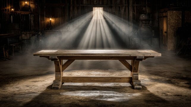 A heavy oak trestle table with sturdy construction bathed in dramatic light beams from an opening
