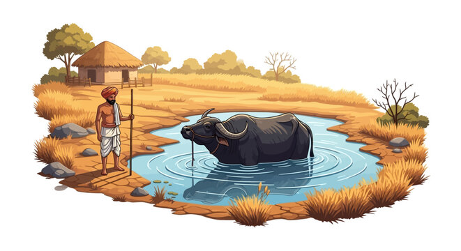 Amidst the Indian summer heat, a villager stands with a staff near a pond where a buffalo cools off in the water, the scene set in a hot climate with dry, golden grass and a small hut