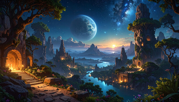 Fantasy landscape with celestial bodies