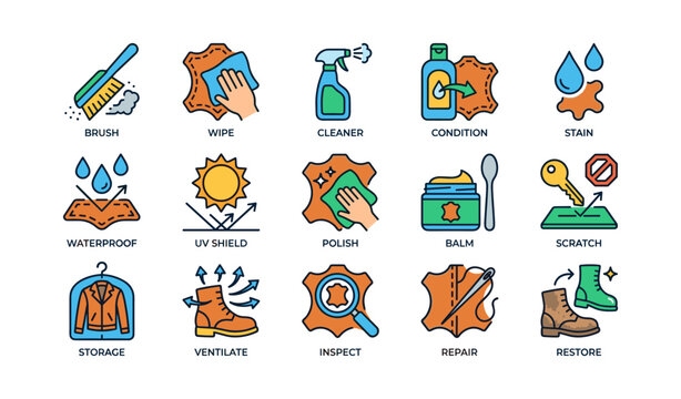 Leather care icons: cleaning, conditioning, waterproofing, repair, and restoration