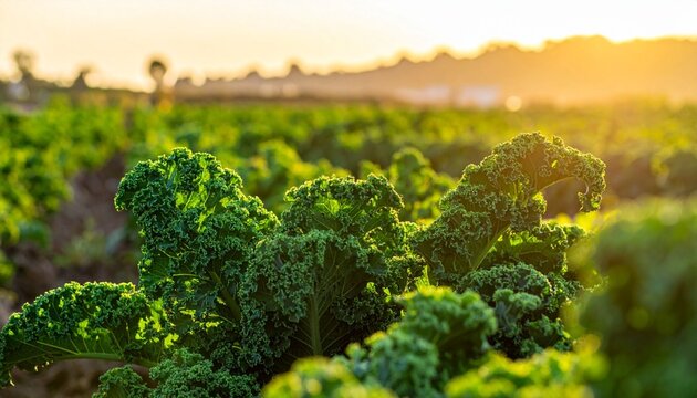 Green kale field at sunset