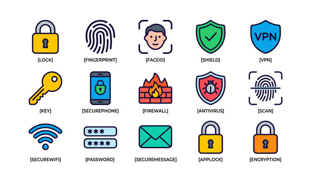 Security icons: lock, fingerprint, face id, shield, vpn, key, secure phone, firewall, antivirus, scan