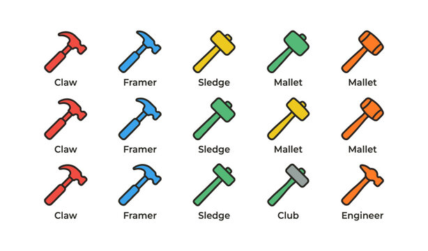 Colorful array of hammers: claw, framer, sledge, mallet, and club tools