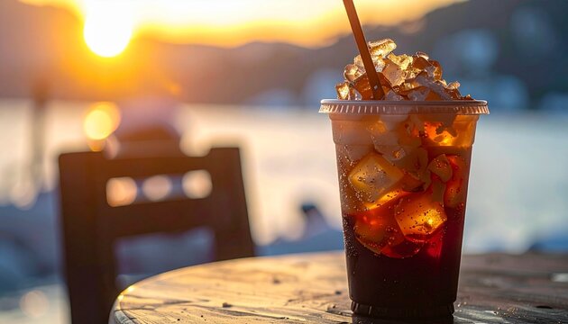 A cold drink sits on a table by the water at sunset with ice and a straw.