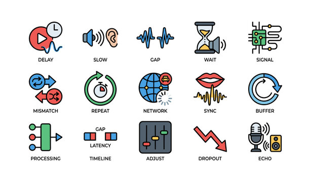 Colorful set of audio and network icons representing delay, signal, and synchronization