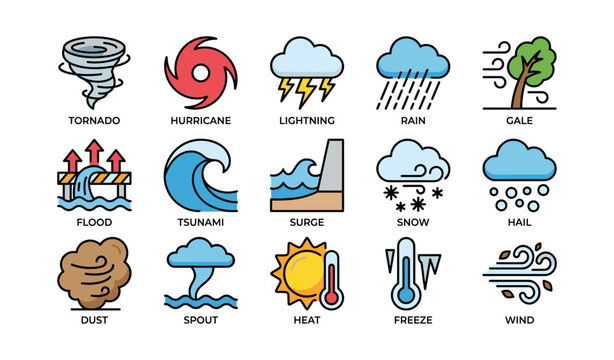 Weather icons set featuring tornado, hurricane, lightning, and more