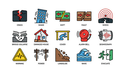 Obraz premium Earthquake safety and damage icons: crack, shake, shift, fault, shock