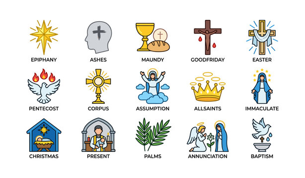 Christian celebrations icon set featuring epiphany, good friday, easter, and more