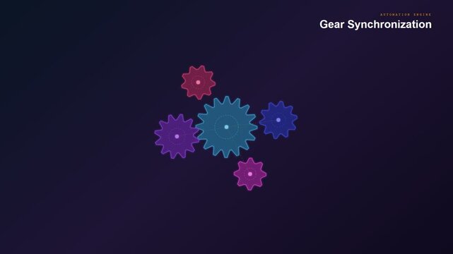 An intricate animation illustrating AI workflow optimization as luminous neon gears interlock seamlessly within a deep violet digital void to symbolize systemic efficiency and technical synergy