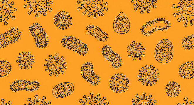 Microscopic bacteria and virus shapes, a seamless pattern of diverse microorganisms in black on an orange background, scientific illustration