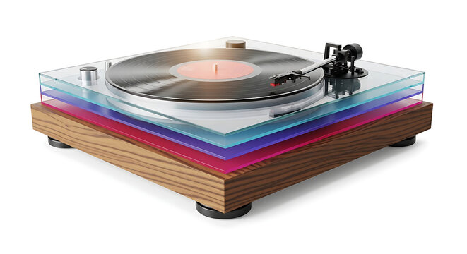 Modern turntable with colorful layered acrylic base playing a vinyl record, retro audio equipment for music listening