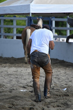 young man in jeans, vaquejada rider walking in sand arena with leather chaps, close up of traditional brazilian cowboy gear, back view of horseman in equestrian competition arena, rural culture 