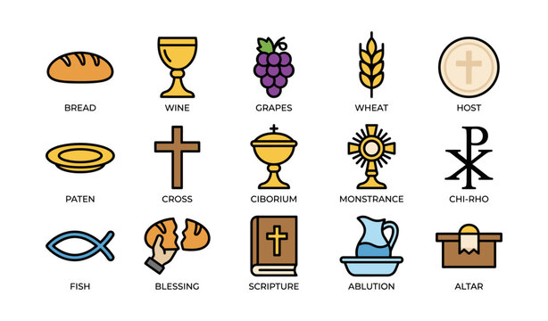 Christian symbols collection: bread, wine, grapes, cross, fish, and more