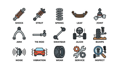 Naklejka premium Automotive suspension and steering components: shock, strut, spring, leaf, joint, arm, tie-rod, swaybar