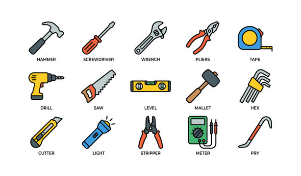 Tool icons: hammer, screwdriver, wrench, pliers, tape, drill, saw, level, mallet, hex, cutter, light, stripper, meter, pry