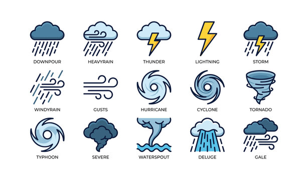 Weather icons: rain, thunder, lightning, storms, and cyclones illustrations
