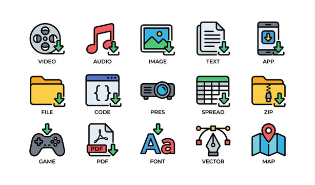 Colorful download icons set for multimedia and files
