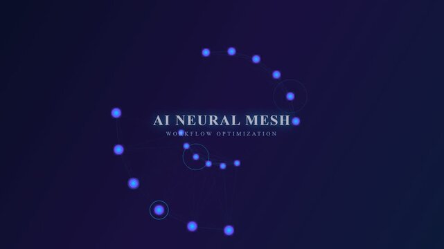 A futuristic motion graphics animation demonstrating AI workflow optimization through shimmering blue neural nodes that orbit a central glowing text on a deep navy backdrop