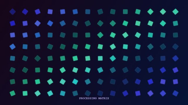 An intricate animation showcasing AI Workflow Optimization through a shifting matrix of neon geometric shards that morph and rotate across a deep indigo digital canvas