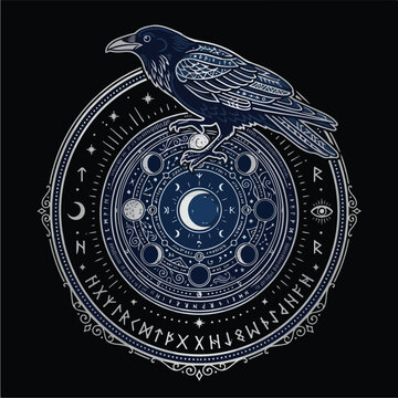 Crow on mystical moon circle.