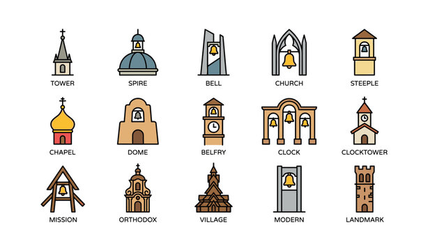 Icons of various architectural structures: tower, dome, church, and more