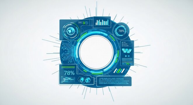 鮮やかに輝く青い未来的なデジタルインターフェース 高度な技術とデータの視覚化を示す円形とグラフを組み合わせた抽象的なUIデザイン 情報を効率的に表示し革新的なサイバー空間の雰囲気を作り出す. AI Generated
