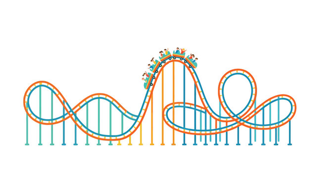 Colorful illustration of a looping rollercoaster with people riding