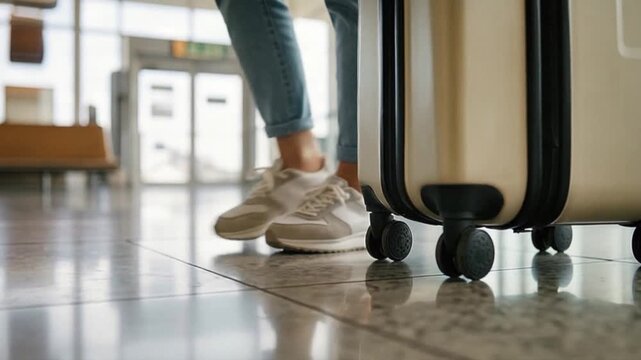 Person in casual shoes walks with a suitcase through an airport terminal, bright natural light illuminating the spacious interior
