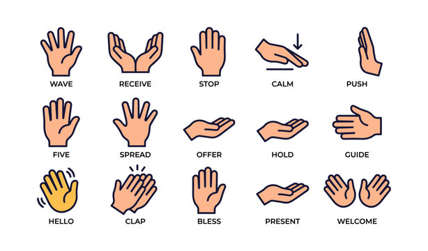 Hand gestures set: wave, stop, clap, offer, guide