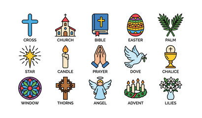Fototapeta premium Christian symbols: cross, church, bible, easter, palm, star, candle, prayer, dove, chalice, window, thorns, angel, advent, lilies