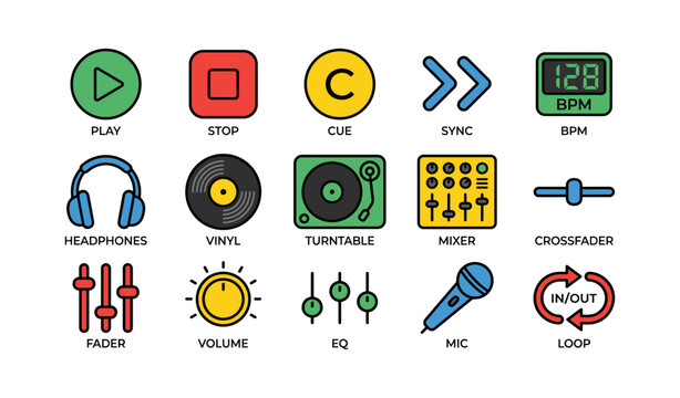 Colorful dj equipment icons: play, cue, sync, mixer, headphones