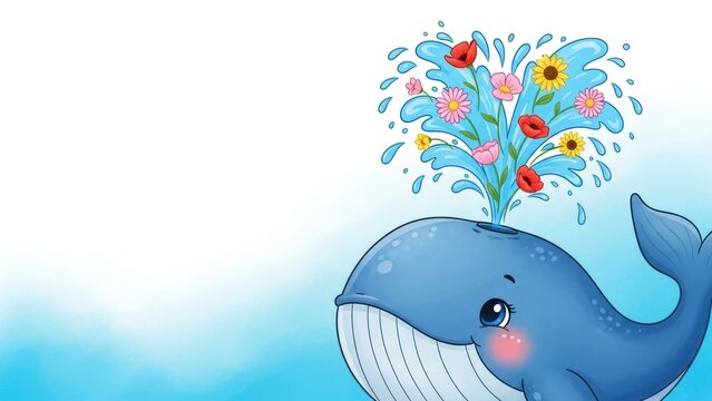 Cute cartoon whale spouting a fountain of colorful flowers.