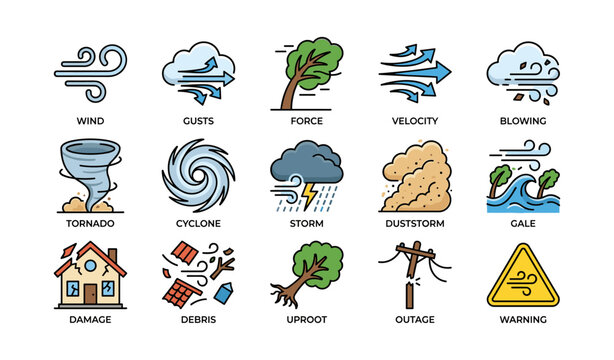 Weather phenomena illustrations depicting tornado cyclone storm and more