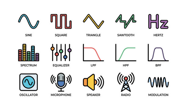Audio waveform and sound equipment icons featuring sine and triangle waves