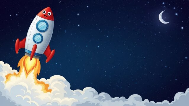 Cute cartoon rocket ship blasting off into the night sky.